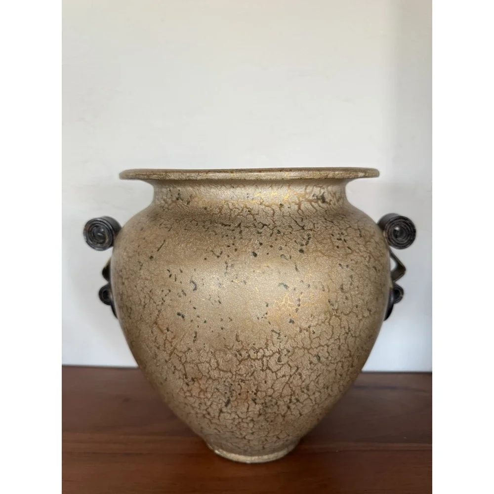 VTG Mid‎ Century Fine Crackle Glaze Vase in Metallic Gold Black Decor Handles